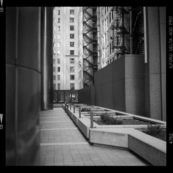 A narrow alleyway between tall buildings features fire escapes and planters.