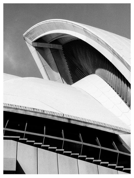 A close-up, low-angle view shows the curved roof and textured underside of the Sydney Opera House.