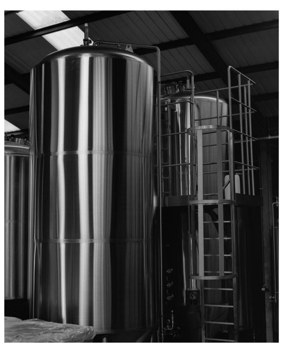 A large, shiny, cylindrical tank with a ladder on its side stands in a brewery.