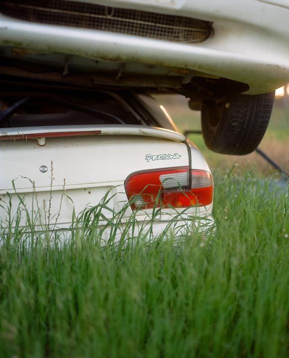 A white car with a "Persona" emblem is parked in tall grass, with another vehicle suspended above it.