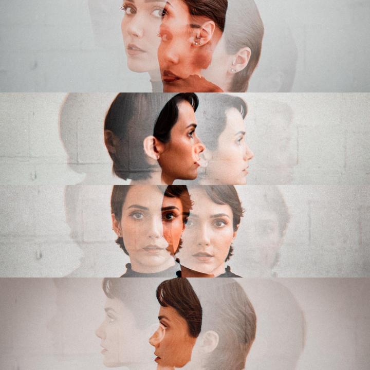 A woman's face is shown in multiple exposures, creating a layered and ethereal portrait.