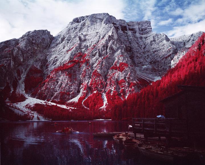Lago di Braies, Dolomites [Mamiya 7ii, 80mm, Kodak Aerochrome 1443 (C41), yellow #12 filter]