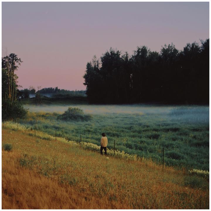 A man stands in a field of tall grass with a forest in the background and a hazy sky.