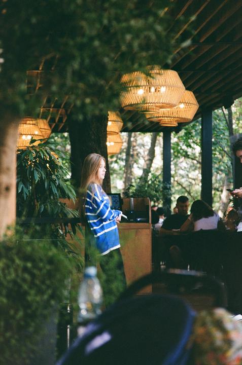 A woman in a blue and white striped shirt stands next to a tree in a restaurant with hanging wicker lamps.