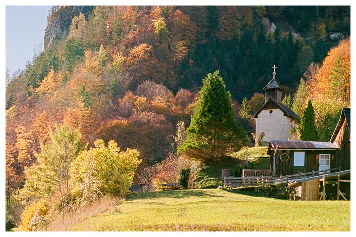 Teeny-tiny chapel somewhere in the Alps [Nikon F100, Portra 400, Polarizer]