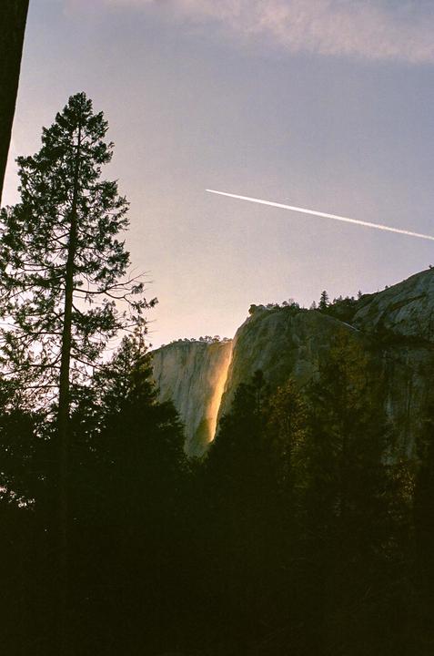 Yosemite Horsetail Fall at sunset in mid-February, aka the “Firefall” [Canon AE1 / 50mm f1.4 / Portra 400]
