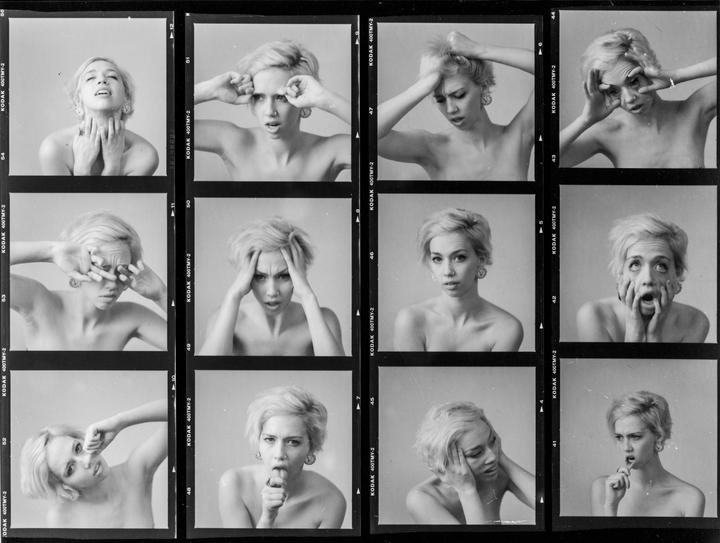 A contact sheet shows a woman making various facial expressions.
