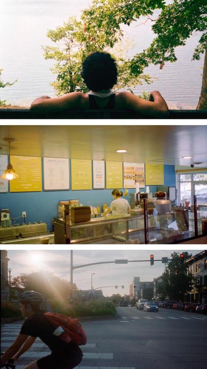 A triptych shows a person looking at a lake, a woman working in a shop, and a cyclist on a street.