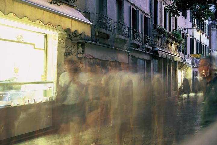 Long exposure of people walking through Venice, Italy. Nikon F100, 50mm 1.4, Velvia 50 slide film.