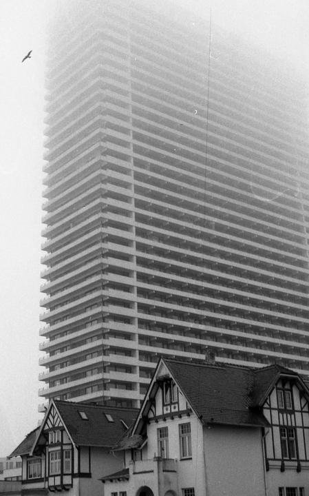 A large, modern high-rise building looms over traditional houses on a hazy day, with a bird flying in the sky.