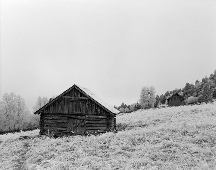 Two wooden cabins stand on a snow-covered hill with trees in the background.