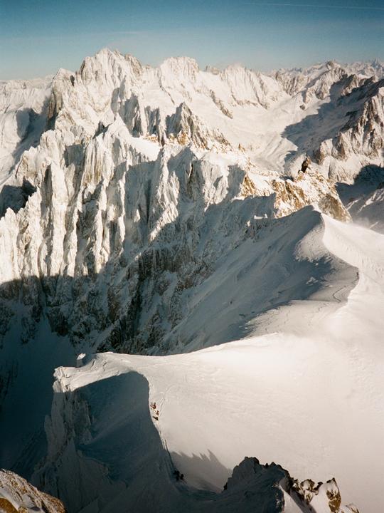 Swipe for the pano: Aiguille du Midi, Chamonix 🇫🇷, 📷 Mamiya 7ii / Canon WP-1, 🎞 Portra 400