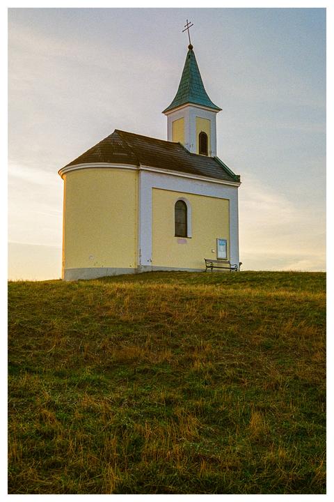 Tiny chapel during sunset. Took 2 shots, help me decide: tighter framing or wider framing? [Nikon F100, Ektar 100]