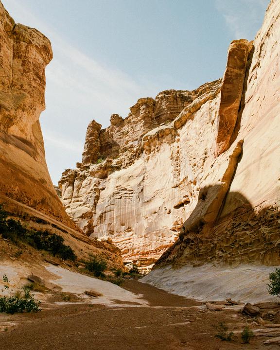 A narrow canyon with towering rock walls and a dry riverbed is illuminated by sunlight.
