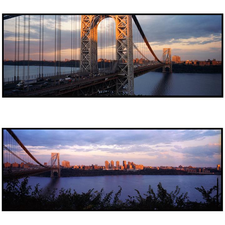 The George Washington Bridge is illuminated by the setting sun, with a city skyline visible across the water.