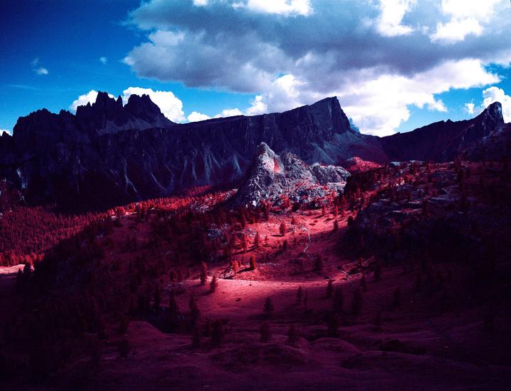 Cinque Torri, I Dolomiti [Kodak Aerochrome 1443 (C41), Mamiya 7ii, 80mm, B+W 022 yellow filter]