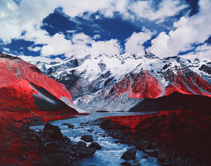 Hooker Valley Track, NZ [Kodak Aerochrome 1443 (C41) | Pentax 67II | 55mm | B+W 023 yellow + polarizing filter]