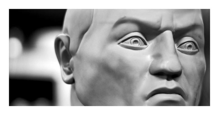 A close-up, black and white shot shows the right side of a mannequin's head, from the ear to the nose and mouth.