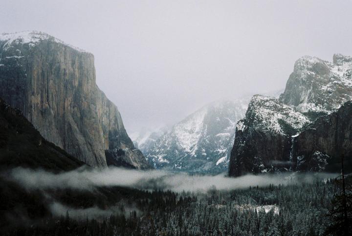 A valley with snow-capped mountains and a forest is covered in fog.