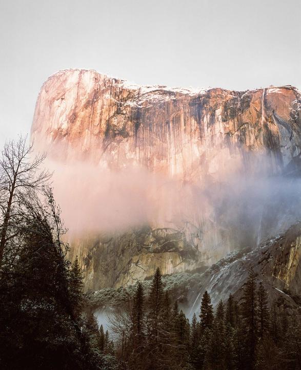 A large rock formation with snow on top is partially obscured by fog, with evergreen trees in the foreground.