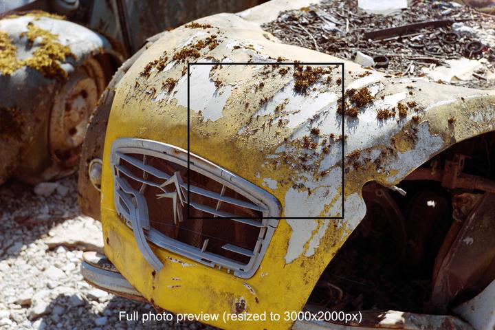 Trying 400 megapixels scans on several film formats with the Fujifilm GFX100S for the hell of it! Here's an example of a photo taken with a Pentax SF7 and Helios 58mm lens (nothing fancy) on Fuji C200 film. Second picture shows a 100% crop. I'm quite impressed considering it's not even 120 film.