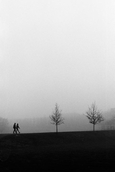 Two people walk along a ridge with two bare trees in a foggy landscape.