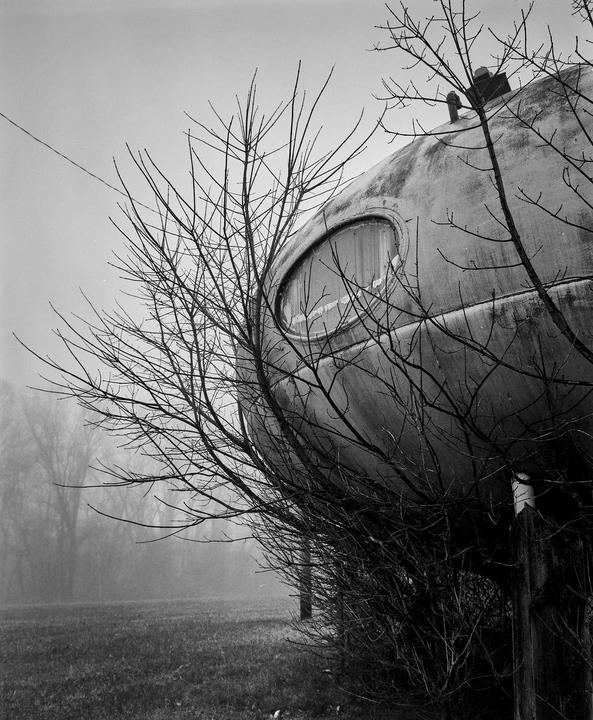 Futuro House in the Fog [Mamiya RB67 ProSD, 65mm f/4.5, Ilford Delta 100 Expired 2000]