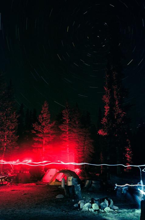 Campsite [Pentax LX + 28mm + Fuji Superia 400, ~45min exposure]