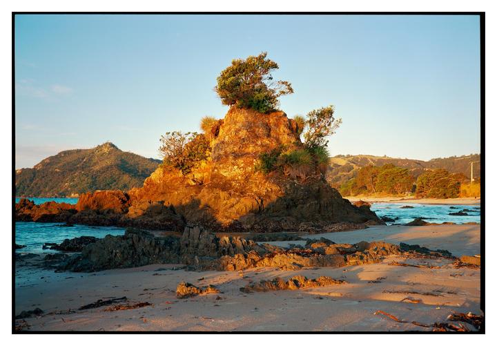 A large rock formation covered in vegetation sits on a sandy beach with mountains and ocean in the background.