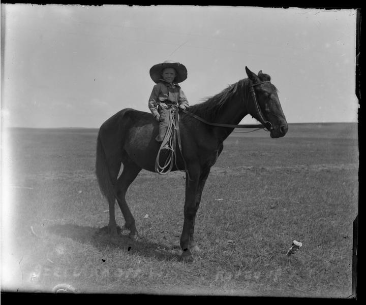 A child wearing a large hat sits atop a horse in a grassy field.