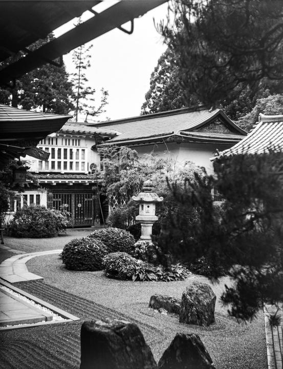 A traditional Japanese garden with a stone lantern and raked gravel is surrounded by buildings and trees.