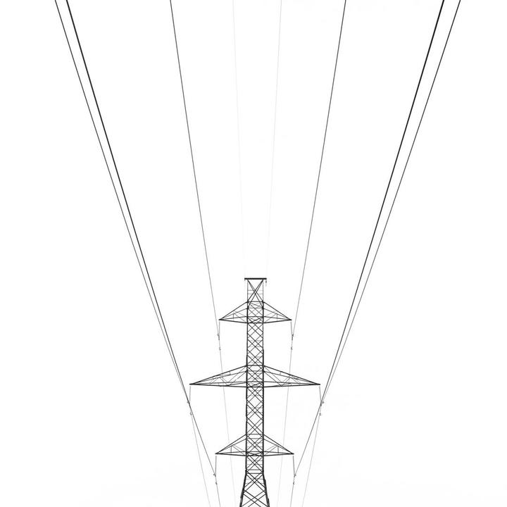 A black and white image shows a power line tower with many wires extending from it against a white sky.