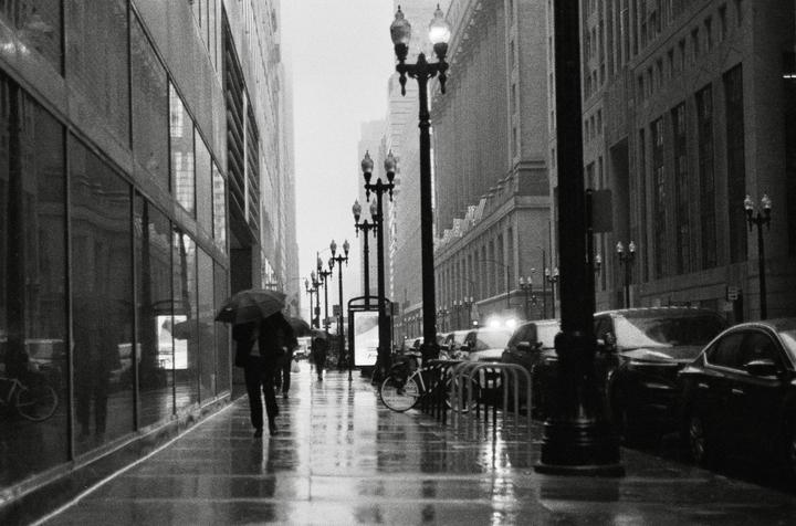 A person with an umbrella walks down a wet city street lined with tall buildings and parked cars.