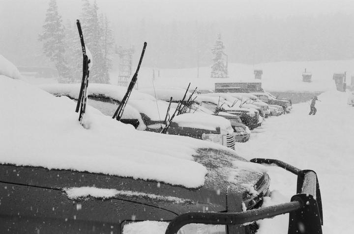 A parking lot full of snow-covered cars with their windshield wipers raised is seen during a snowstorm.