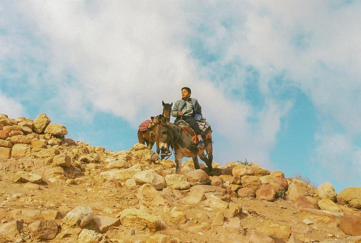 A boy rides a donkey up a rocky hill with another donkey following behind him.