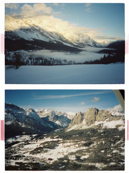 Two landscape photographs show snow-covered mountains and valleys, with the top image featuring a valley filled with fog and the bottom image showing a village nestled among the mountains.