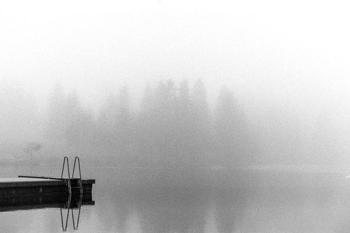 A swimming ladder extends from a dock into a foggy lake, with trees visible in the distance.