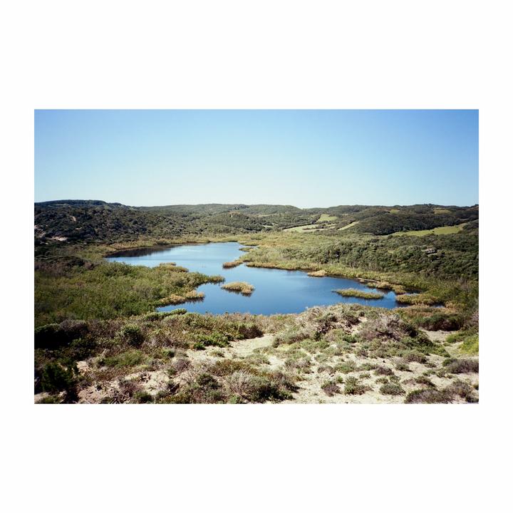 A body of water with small islands of vegetation is surrounded by hills covered in green foliage under a clear sky.