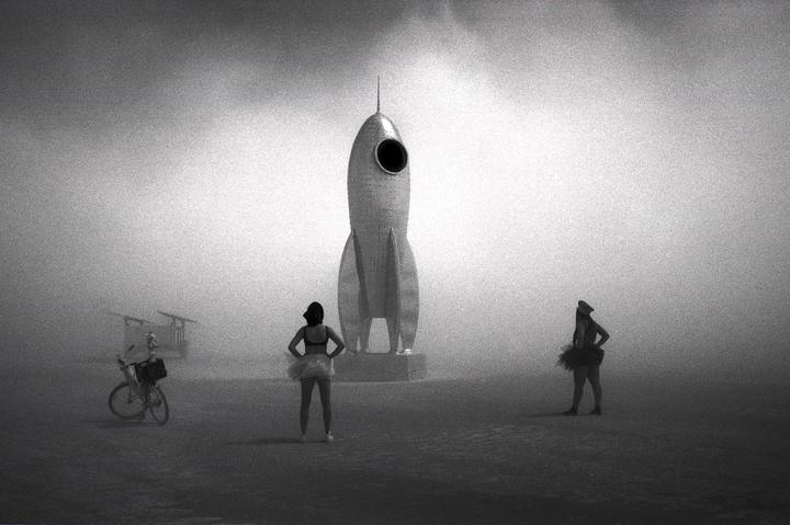 Biking through a dust storm at Burning Man [Nikonos V | 35 mm f/2.8 | TMAX 100]