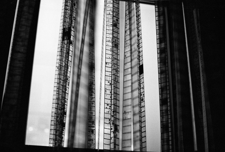 Multiple strips of film negatives hang vertically, showing individual frames and sprocket holes.