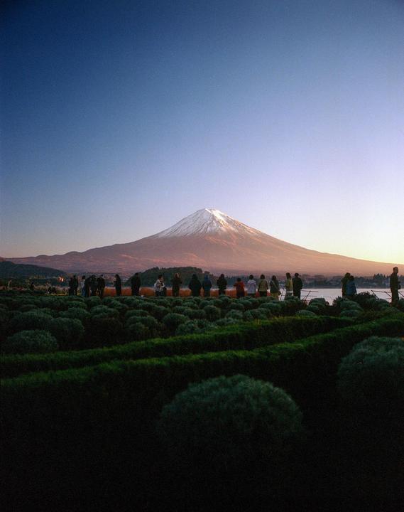 A group of people stand on a hill overlooking Mount Fuji with a clear sky above.