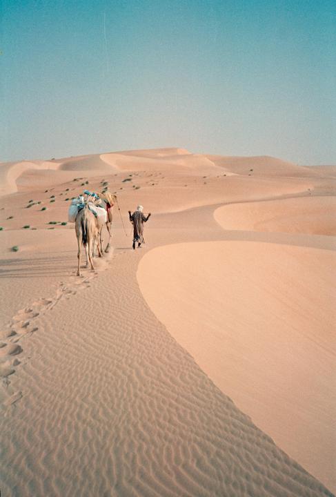 A man leads two camels across a vast desert landscape with rolling sand dunes.