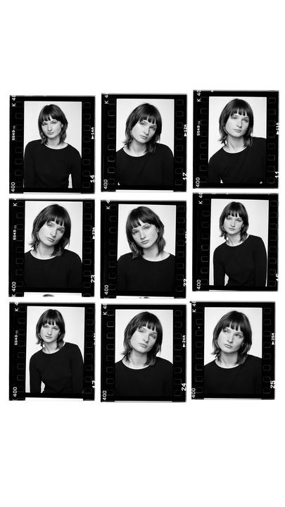 A contact sheet shows nine black and white portraits of a woman with a bob haircut and bangs.