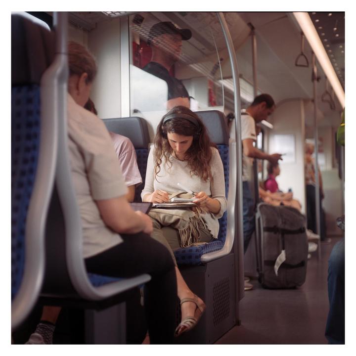 Painting on the train to Frankfurt | Mamiya C330f | 80mm f2.8 | Kodak Portra 400