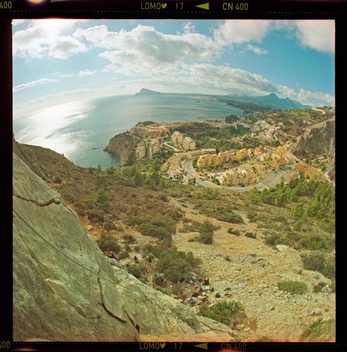Climbing in calpe, spain. Pentacon six, arsat 30mm f3.5 fisheye, lomo 400
