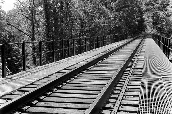 A black and white photograph shows a railway bridge with tracks and a metal walkway, surrounded by trees.