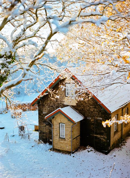A brick house with a red roof is surrounded by snow-covered trees and ground.