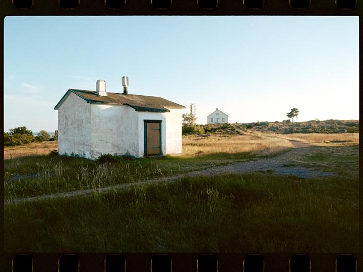A small white building with a dark door stands in a field of tall grass, with another house and a tree on a distant hill.