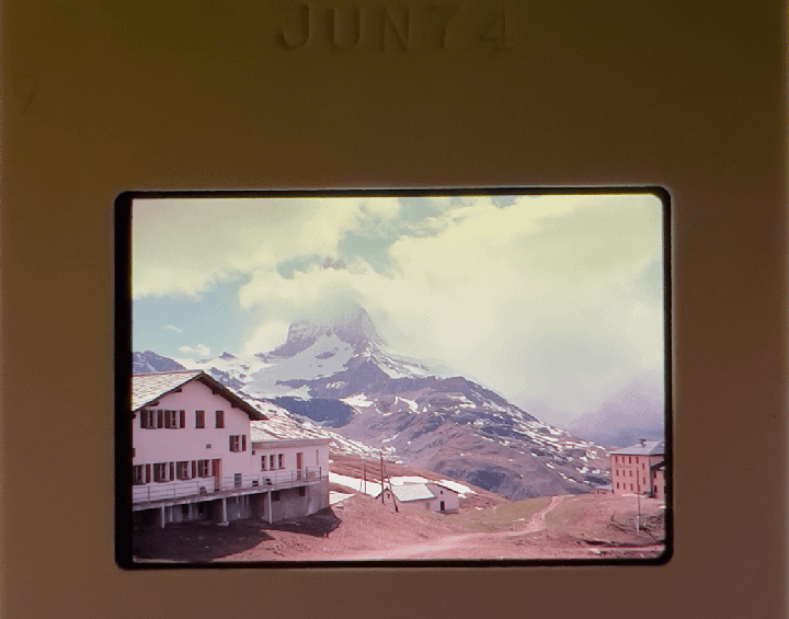I bought hundreds of old slides at a thrift store about 7 years ago for $15. No scanner on hand, but here are a bunch of snaps of the slides. Swiss Alps, Hawaii, Netherlands, and more. 1969-1974. Original owner unknown.