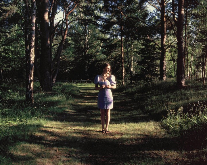 A woman in a dress stands on a sun-dappled path in a forest.